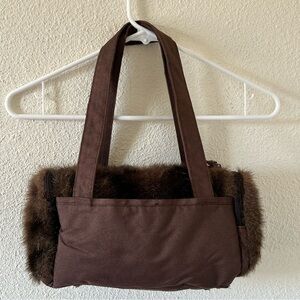 Murval Y2K Mix Media Shoulder Bag Faux Fur Canvas Brown Double Handles